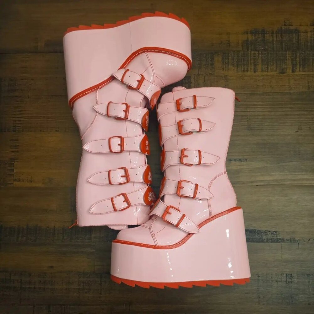 Very RARE Discontinued YRU Dune Valentine Platform Boots in Pink Red Size 8 Goth